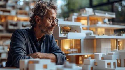 An architect is deeply engaged in examining detailed miniature models of modern buildings, reflecting creativity, innovation, and dedication to architectural design and planning.