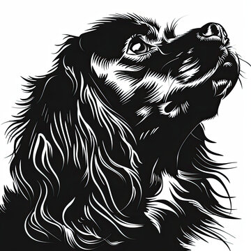 recommend clip art: A black and white drawing of a cavalier king charles spaniel dog