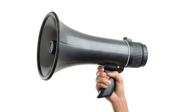 Hand holding black megaphone, cut out