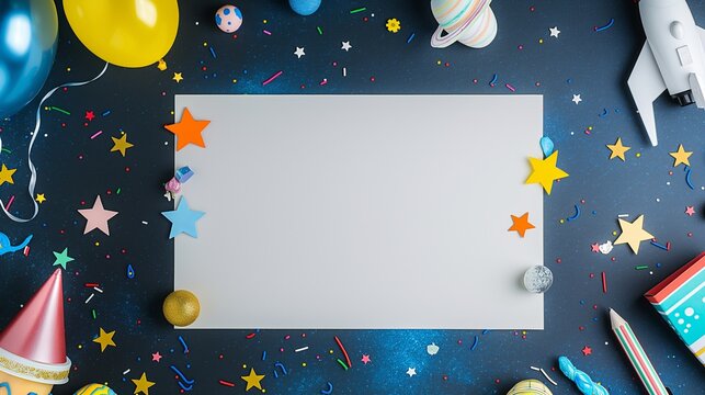 Blank white card for text with a space theme with stars in yellow, gold and blue, located on a colorful background with various space shapes and objects