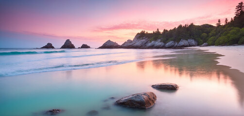 A serene seascape painting a vivid picture of a tranquil shoreline, with gentle waves lapping against weathered rocks and a pastel-colored sky reflected in the calm waters.