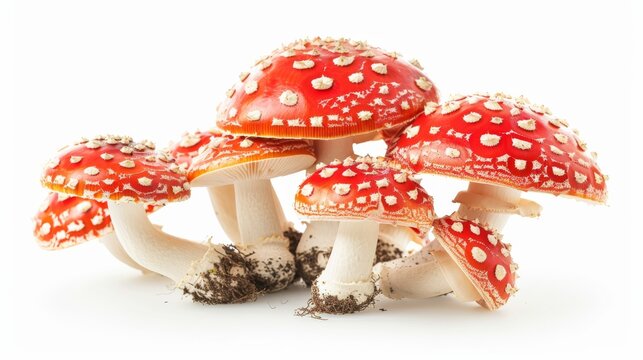 Cluster of red fly agaric mushrooms with white spots, isolated on white background. Nature and wildlife concept