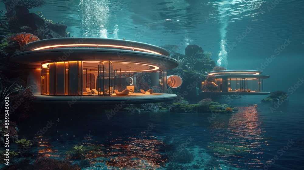 Wall mural a futuristic underwater hotel with panoramic views - Wall murals
