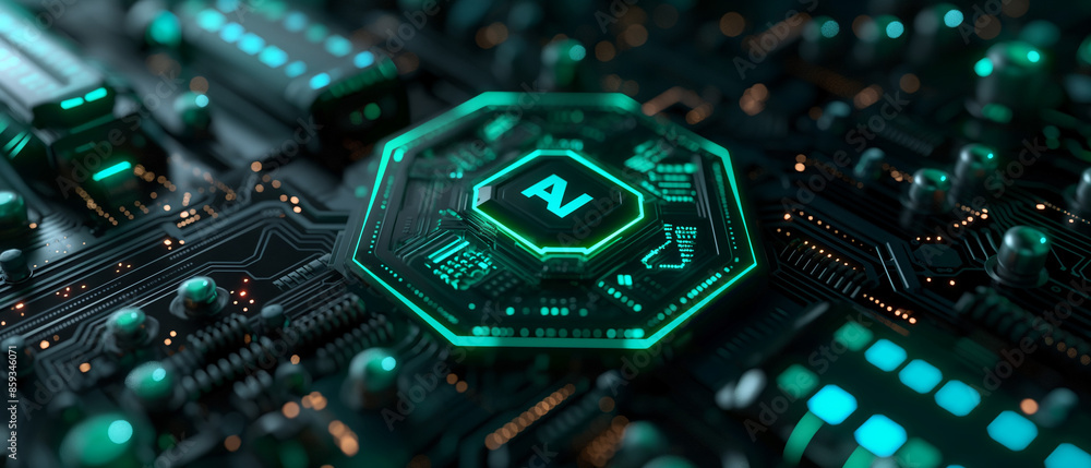 Poster electronic circuit board with processor digital technology abstract and futuristic 