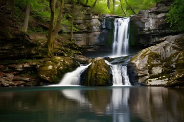 Tranquil woodland Waterfall splits over mossy rocks amidst lush green trees