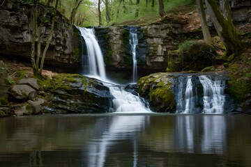 Fototapeta premium Tranquil woodland Waterfall splits over mossy rocks amidst lush green trees