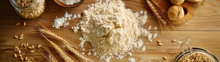 Rustic baking scene with flour, wheat, and bread on a wooden table. Fresh and wholesome ingredients for homemade baking and cooking.