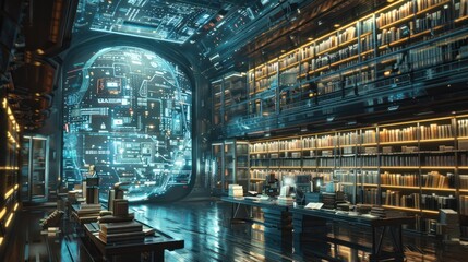 Fototapeta premium A futuristic library with digital books and holographic displays