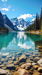 Rocky mountain landscape with snow-capped peaks and a crystal clear lake in the foreground