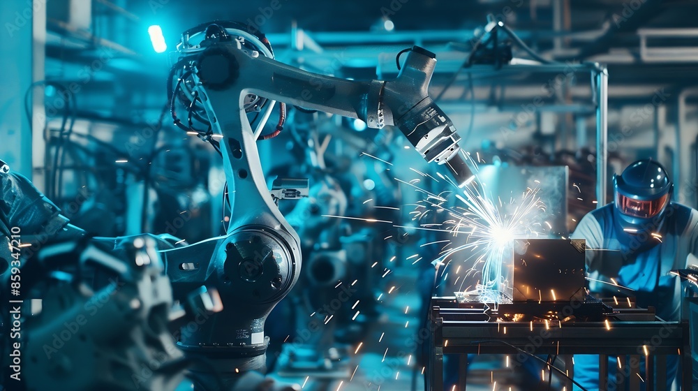 Poster Engineers check and control welding robotics automatic arms machine in intelligent factory automotive industrial Digital manufacturing operation Industry 40 : Generative AI