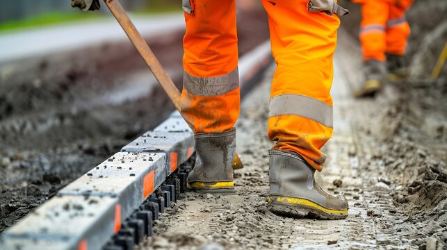 groundworker in orange and yellow hiviz carrying heavy concrete edging curbs on the building site during new road construction Manual handling safety concept : Generative AI