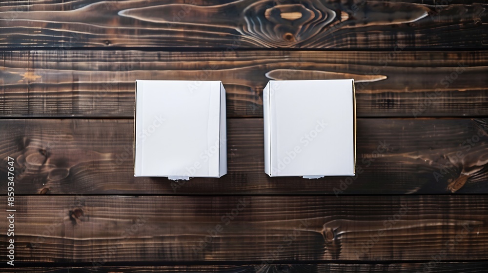 Poster two white carton boxes isolated on dark wooden background top view : generative ai