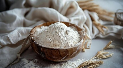 Fototapeta premium A rustic wooden bowl filled with white flour, surrounded by wheat stalks and fabric, evoking a homemade baking atmosphere.