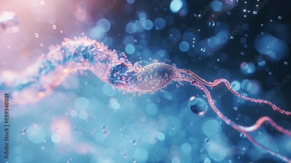 Poster depicting a twisted microscopic organism within a dynamic and glowing liquid state, the image captur