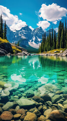 Rocky mountain landscape with snow-capped peaks and a crystal clear lake in the foreground