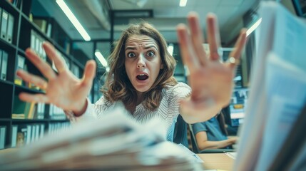 Desperate Office Worker Overwhelmed with Paperwork, Seeking Help with Raised Hand in a Stressful Work Environment