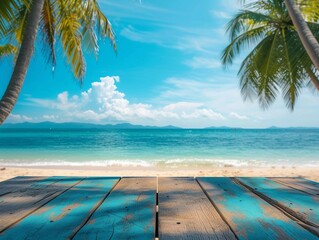 Fototapeta premium Beach vacation background with wooden table, coconut trees, and clear sky