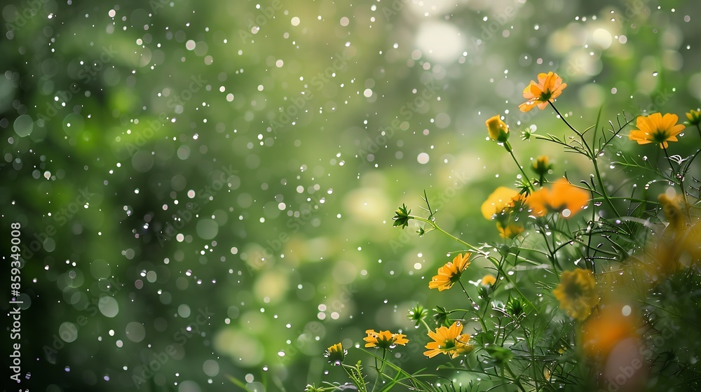 Poster spring wild flowers rain drops abstract background : generative ai