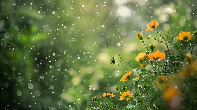 spring wild flowers rain drops abstract background : Generative AI