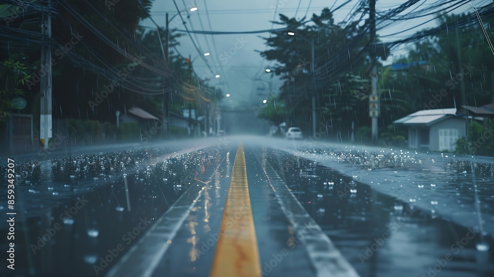 Poster rain was falling on the roadway due to precipitation that was forming after depression hit thailand 