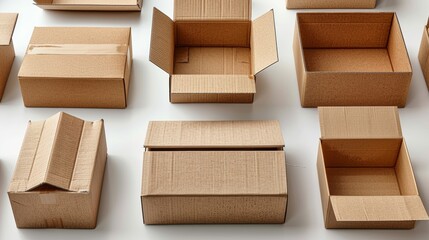 Assorted open and closed cardboard boxes on white background