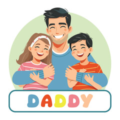 Happy dad hugs happy and smiling two kids. Father-s Day. Vector illustration in flat style