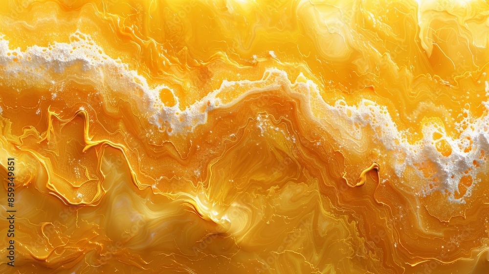 Poster a stunning golden fluid art pattern featuring intricate swirls and white highlights, creating a mesm