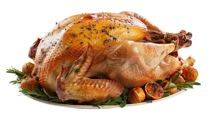 Delicious roasted turkey with rosemary and lemon on white plate, cut out