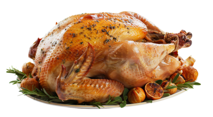 Delicious roasted turkey with rosemary and lemon on white plate, cut out