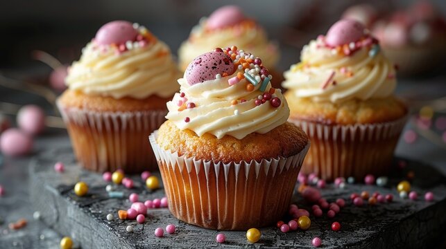 Delicious cupcakes with pink icing, colorful sprinkles, and candy decorations, placed beautifully on a wooden tray, ready to be enjoyed.