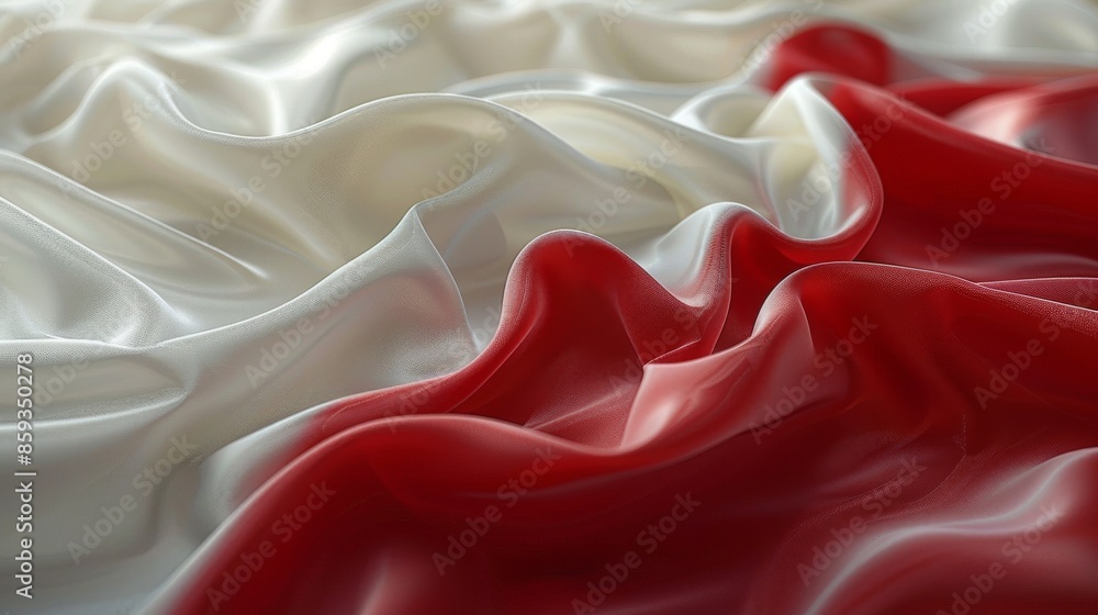 Poster a detailed close-up capture of smooth and silky white and red fabrics intertwined, displaying textur