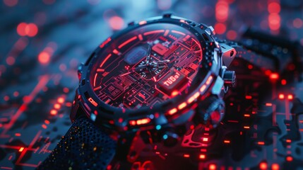 Futuristic Red Glow Watch with Circuitry Display