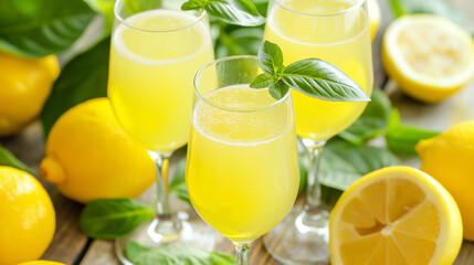Fototapeta premium Citrus Refreshment. multiple glasses of lemonade, adorned with fresh lemon slices and vibrant green basil leaves, resting on a rustic wooden table. scene exudes a sense of summery refreshment and natu