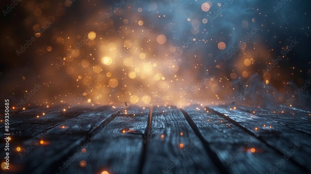 Poster a rustic wooden floor captured with an abstract magical light effect, combining the textured wood wi