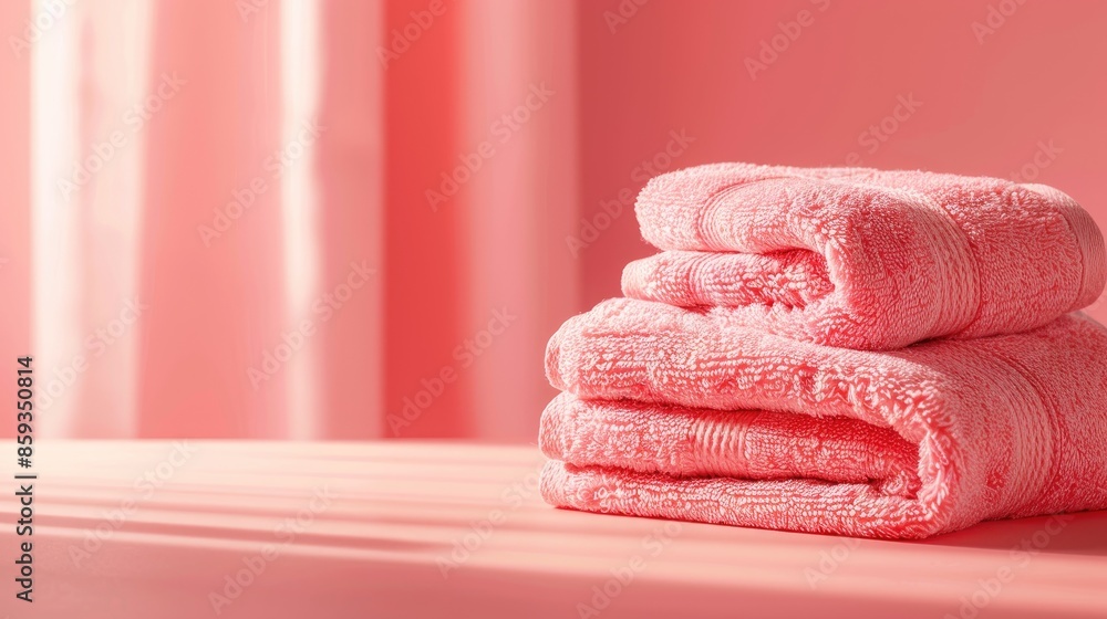 Poster soft towels displayed neatly on table with pink background and room for text