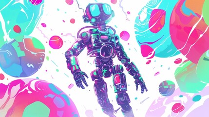 Vibrant Psychedelic Digital Illustration of a Floating Robot in Colorful Abstract Space with Neon Elements