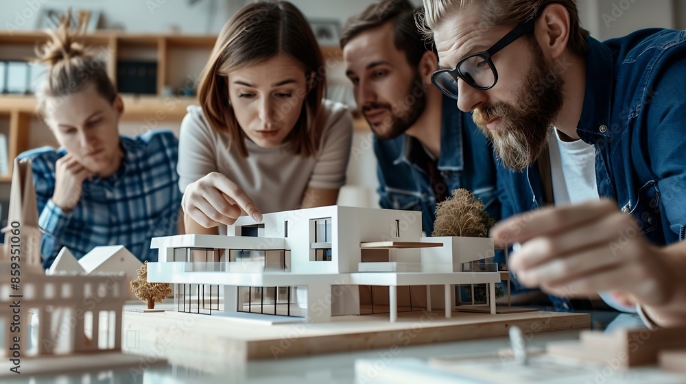 Fototapete smart caucasian architect engineer team working together to measure house model group of professiona