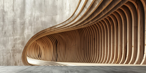 A geometric wooden curved line set against an abstract architectural background. The design is minimalist, modern, and sleek, featuring smooth, organic lines that flow seamlessly.