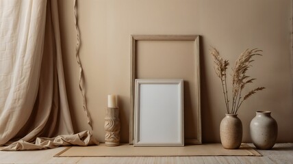 Beige backdrop featuring blank photo frame in mock-up style