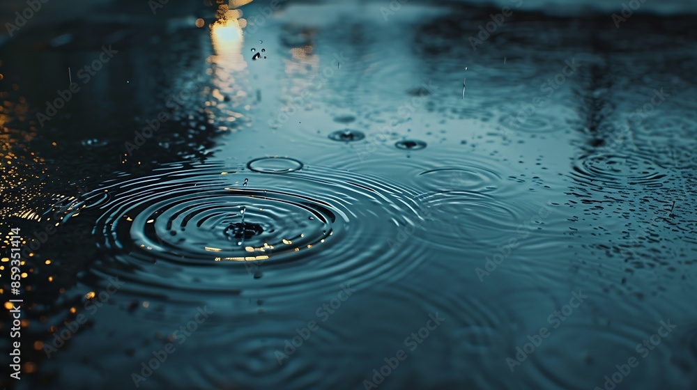 Poster there is a deep puddle on the road asphalt into which raindrops fall and create circles on the water