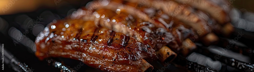 Wall mural close-up of perfectly grilled, juicy ribs with a glossy barbecue glaze, showcasing delicious texture - Wall murals