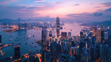 A bustling cityscape at dusk, with skyscrapers, city lights, and a busy urban environment