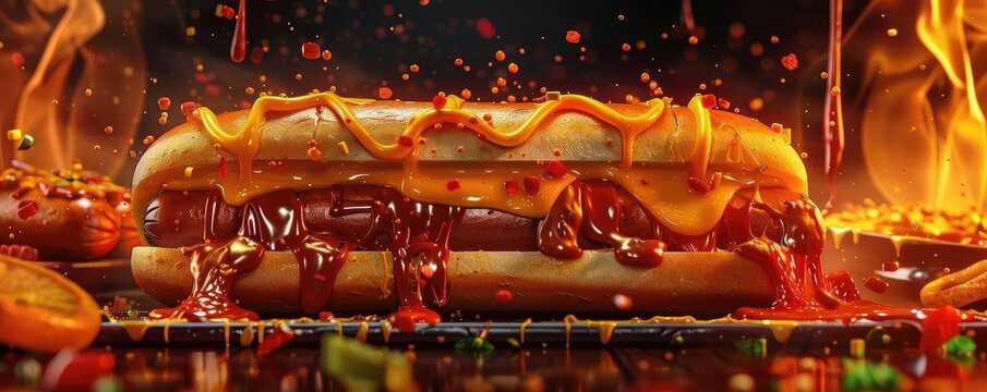 Delicious hot dog with dripping cheese and flame effects, perfect for food enthusiasts and BBQ lovers. Mouth-watering and vibrant.