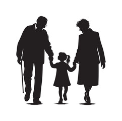 grandparents walking with granddaughter vector silhouette Illustration 