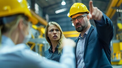 Supervisor manager scolding employee in modern industry factory Worker making mistake Production manger is angry dissatisfied for workers poor quality work safety viaolations Gender ha : Generative AI