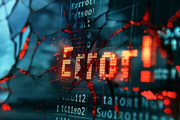 A 'Error!' message viewed on a fragmented and pixelated background, representing technological failure and computer system glitches.