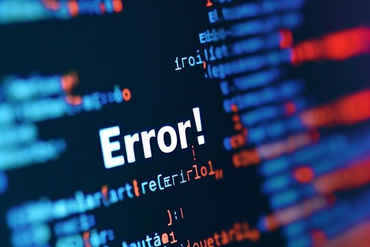 A bold 'Error!' message displayed on a coding screen background, highlighting programming challenges and troubleshooting prominently.