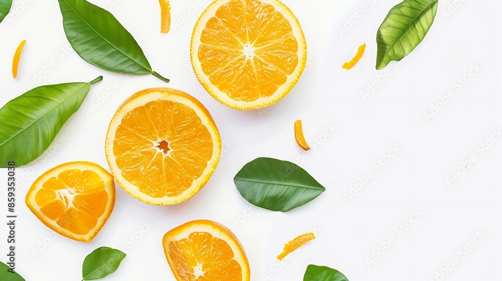Aufkleber Orange slice isolate Orange fruit slices with leaves on white background Orang with clipping path Full depth of field Perfect not AI orange fruit true photo : Generative AI