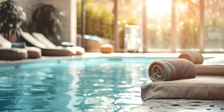 Indulgent spa getaway featuring a refined indoor pool, inviting loungers, and elegant decor. Concept Luxury Spa Experience, Indoor Pool Relaxation, Elegant Decor, Lounge Ambiance, Refined Relaxation