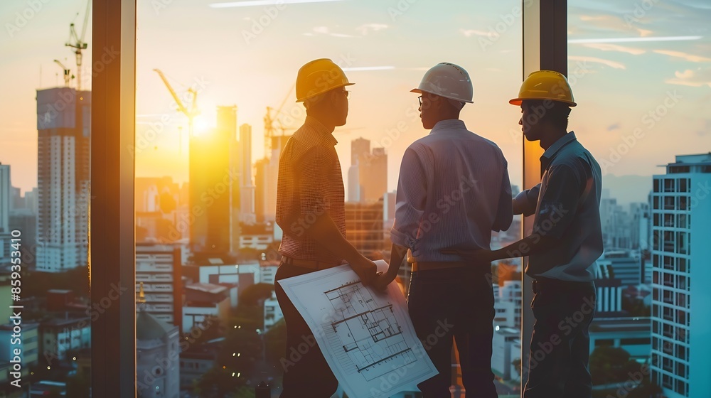 Poster Group of architect engineer looking at project plan while brainstorming idea about building structure Manager team discuss about building construction while standing near with city vie : Generative AI